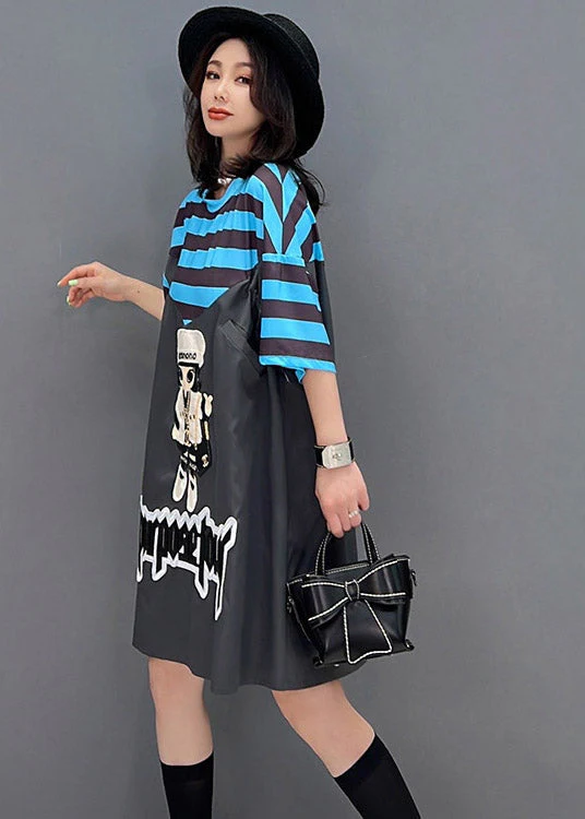 Style Dark Grey O-Neck Cartoon Print Striped Patchwork Dresses Short Sleeve - Image 3