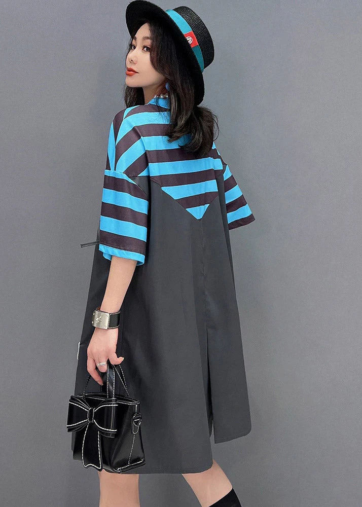 Style Dark Grey O-Neck Cartoon Print Striped Patchwork Dresses Short Sleeve - Image 4