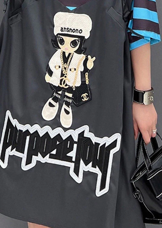 Style Dark Grey O-Neck Cartoon Print Striped Patchwork Dresses Short Sleeve - Image 5