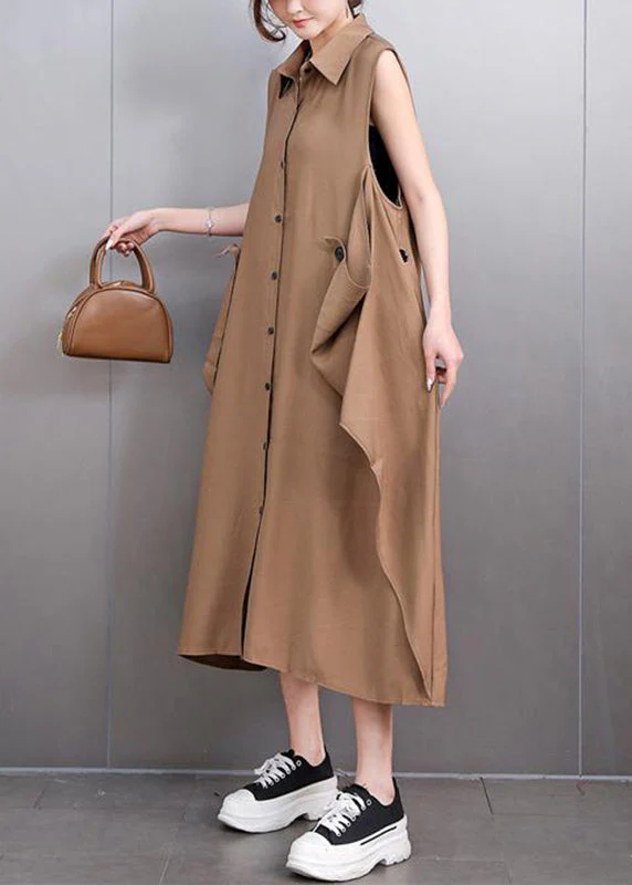 Style Deep Khaki Peter Pan Collar Long Dresses Sleeveless - Image 2
