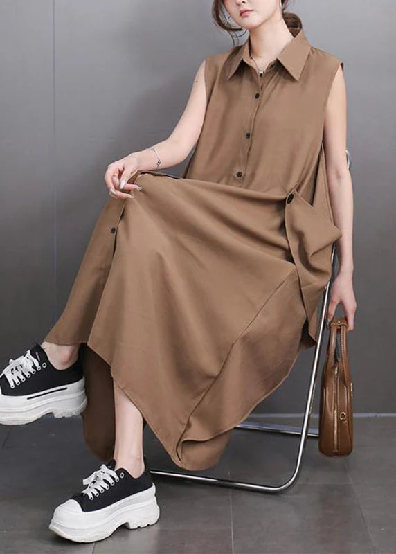 Style Deep Khaki Peter Pan Collar Long Dresses Sleeveless - Image 3