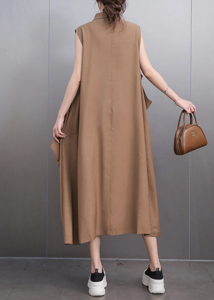 Style Deep Khaki Peter Pan Collar Long Dresses Sleeveless - Image 4