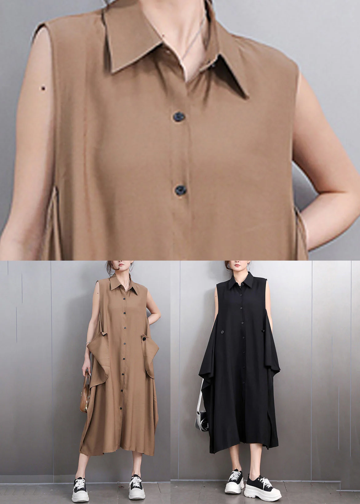 Style Deep Khaki Peter Pan Collar Long Dresses Sleeveless - Image 5