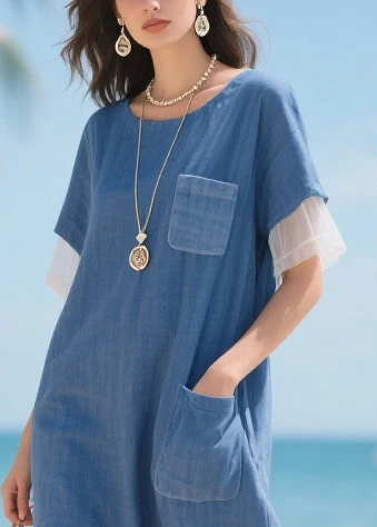 Style Denim Blue Oversized Patchwork Tulle Straight Dress Summer - Image 2