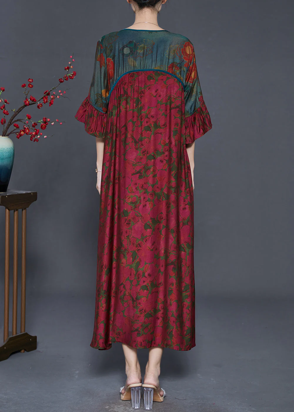 Style Dull Red Print Patchwork Silk Long Dress Flare Sleeve - Image 4