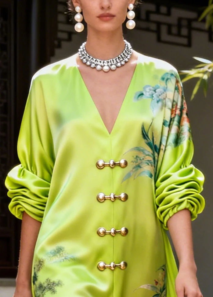 Style Fluorescent Green V Neck Print Silk Vacation Dresses Summer - Image 2