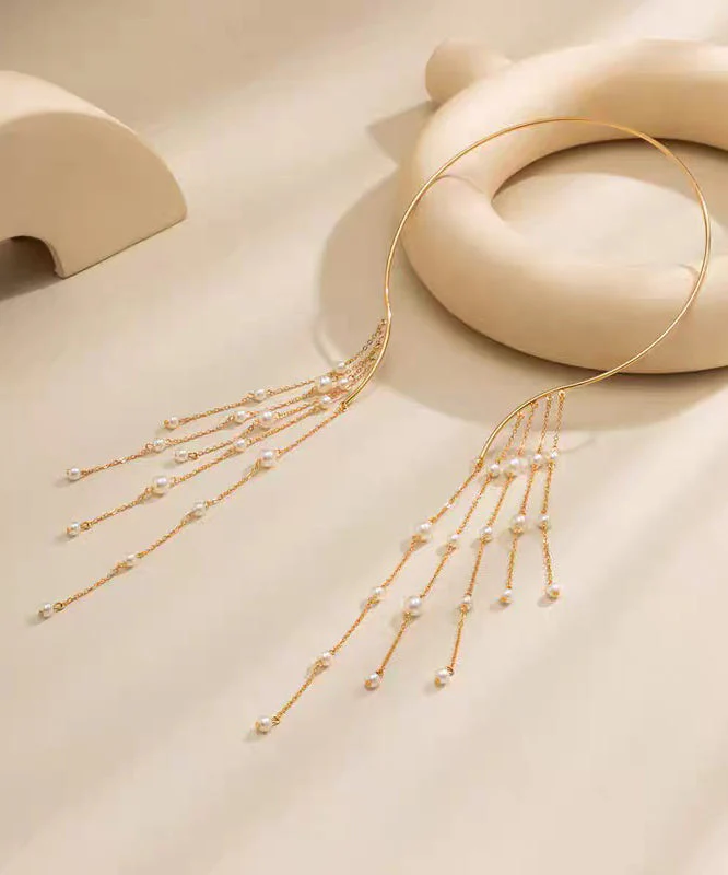 Style Gold Copper Alloy Pearl Beading Tassel Lariat Necklace - Image 3
