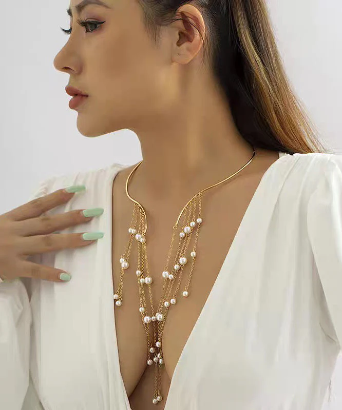 Style Gold Copper Alloy Pearl Beading Tassel Lariat Necklace - Image 4