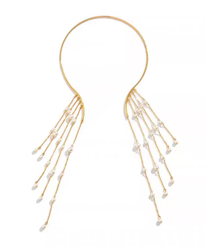Style Gold Copper Alloy Pearl Beading Tassel Lariat Necklace - Image 5