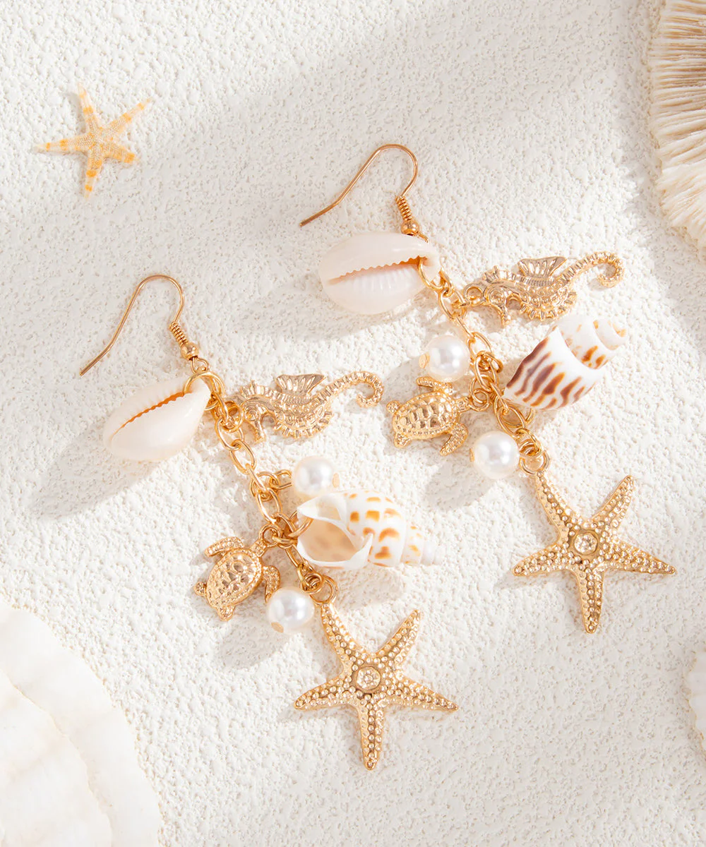 Style Gold Copper Alloy Starfish Shell Tassel Drop Earrings - Image 2