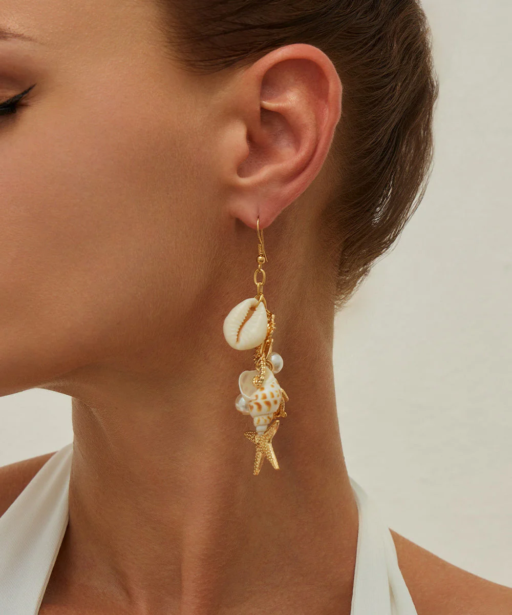 Style Gold Copper Alloy Starfish Shell Tassel Drop Earrings - Image 3