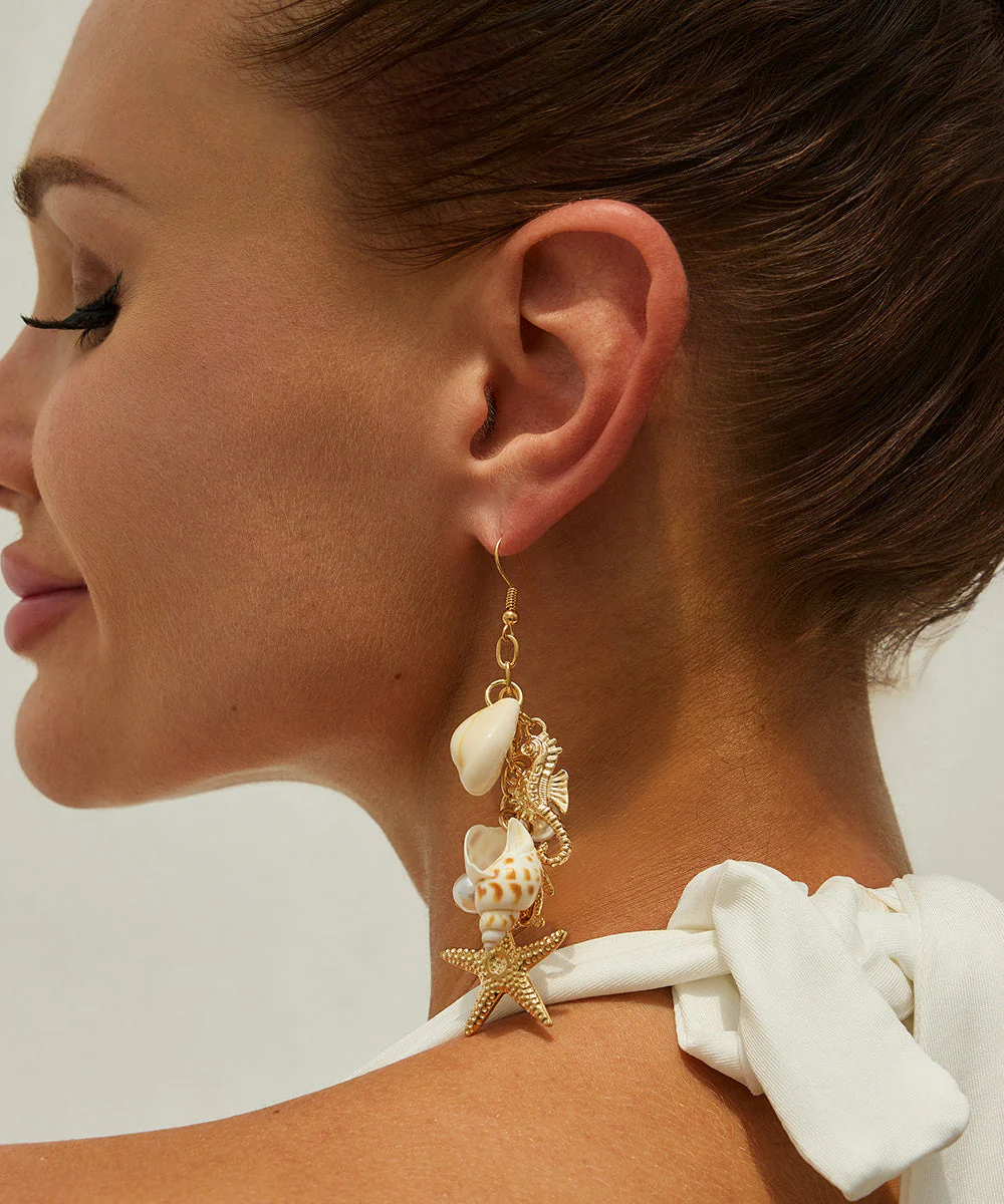 Style Gold Copper Alloy Starfish Shell Tassel Drop Earrings - Image 5