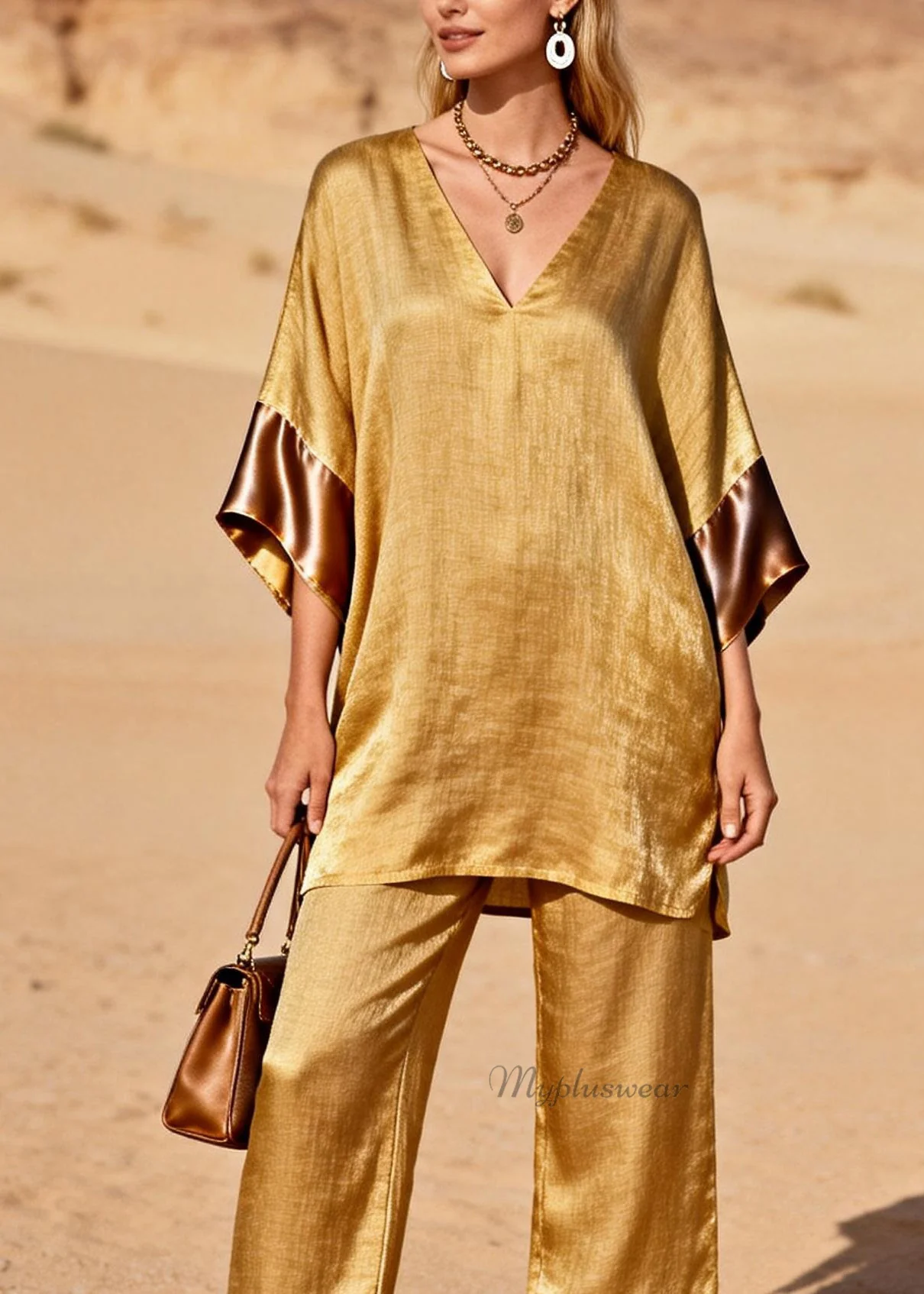 Style Gold V Neck Silk Patchwork Linen 2 Piece Outfit Summer - Image 2