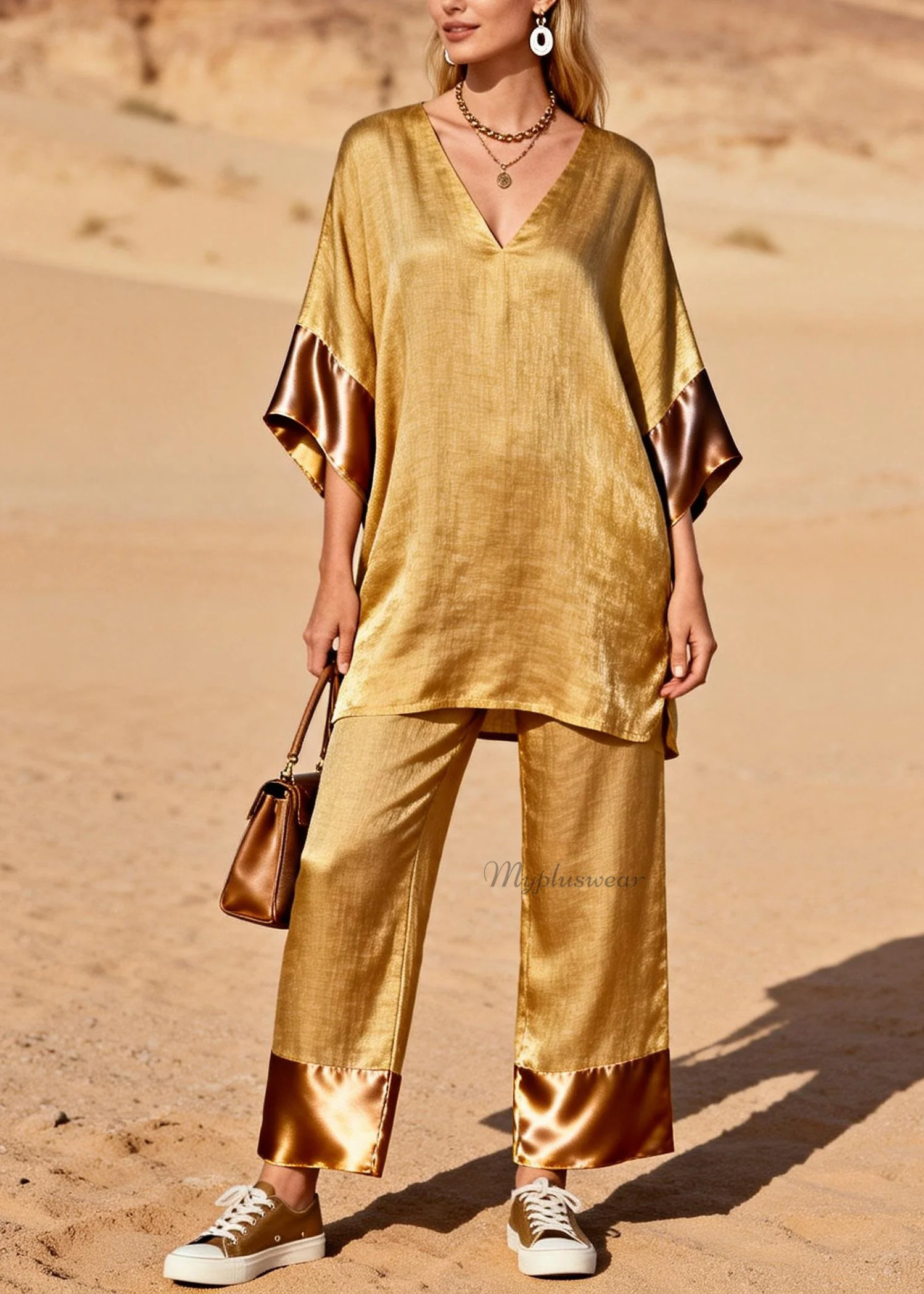 Style Gold V Neck Silk Patchwork Linen 2 Piece Outfit Summer - Image 5