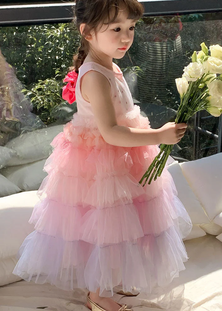 Style Gradient Pink O Neck Ruffled Patchwork Tulle Baby Girls Dresses Sleeveless - Image 3