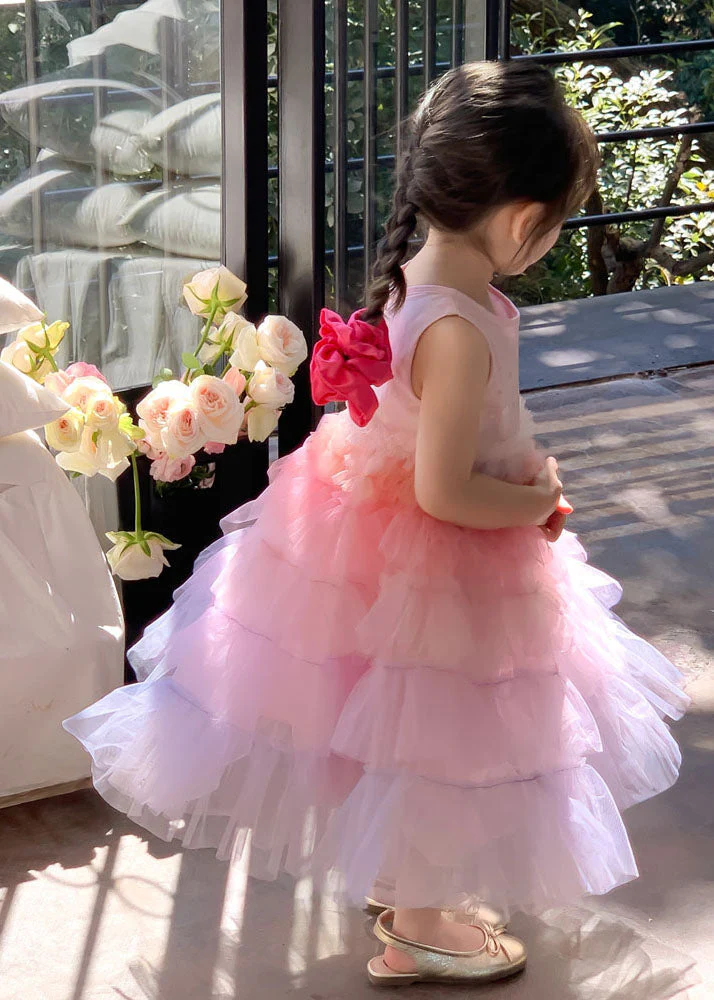 Style Gradient Pink O Neck Ruffled Patchwork Tulle Baby Girls Dresses Sleeveless - Image 4