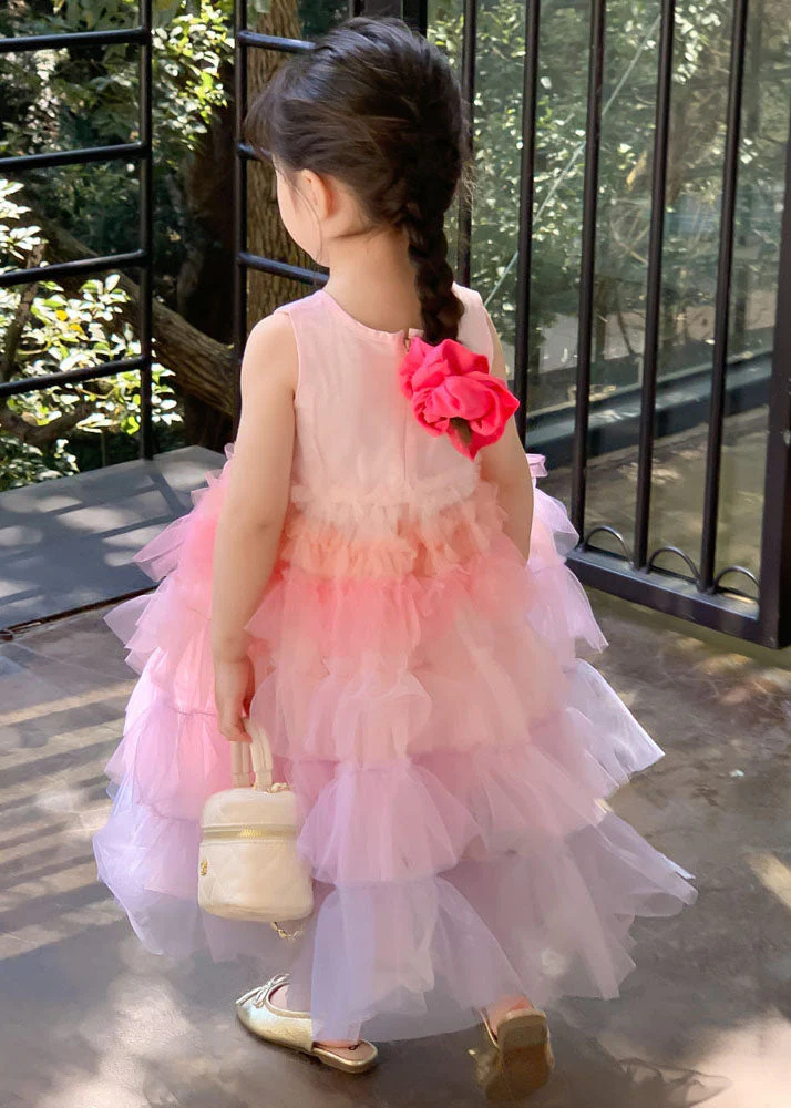 Style Gradient Pink O Neck Ruffled Patchwork Tulle Baby Girls Dresses Sleeveless - Image 5