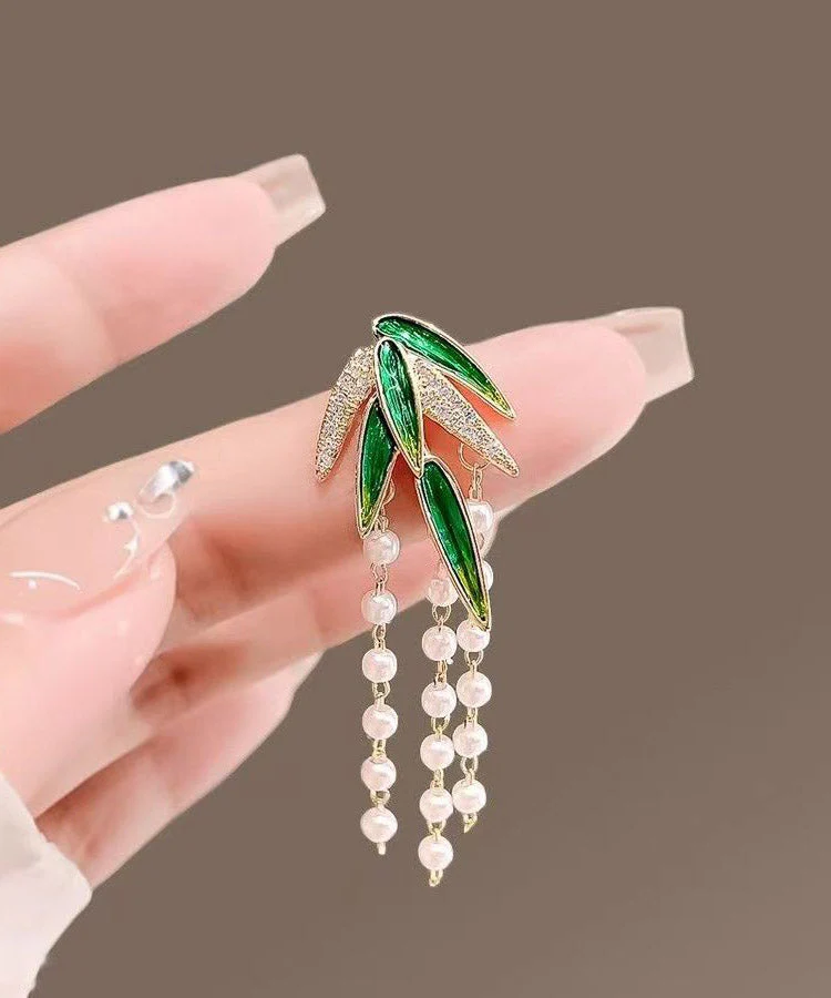 Style Green Alloy Zircon Bamboo Leaf Pearl Tassel Brooches - Image 2