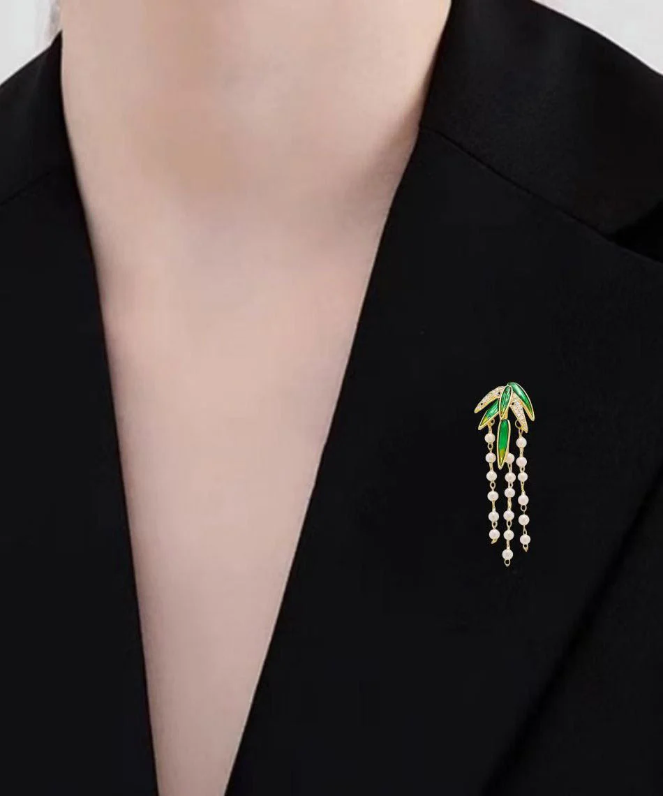 Style Green Alloy Zircon Bamboo Leaf Pearl Tassel Brooches - Image 3