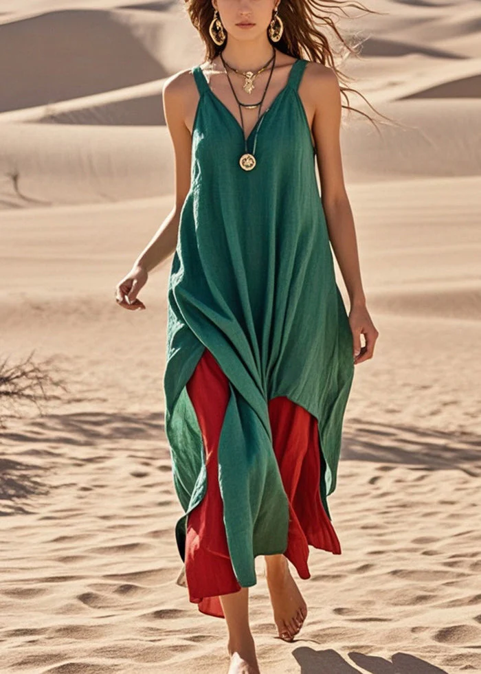 Style Green Asymmetrical Patchwork Cotton Cami Dress Summer - Image 3