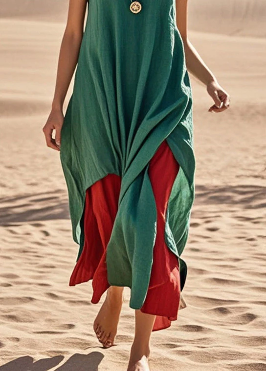 Style Green Asymmetrical Patchwork Cotton Cami Dress Summer - Image 4