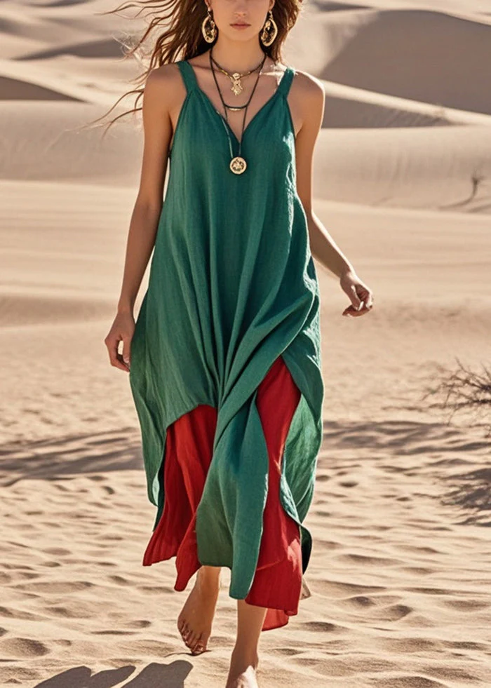 Style Green Asymmetrical Patchwork Cotton Cami Dress Summer - Image 5