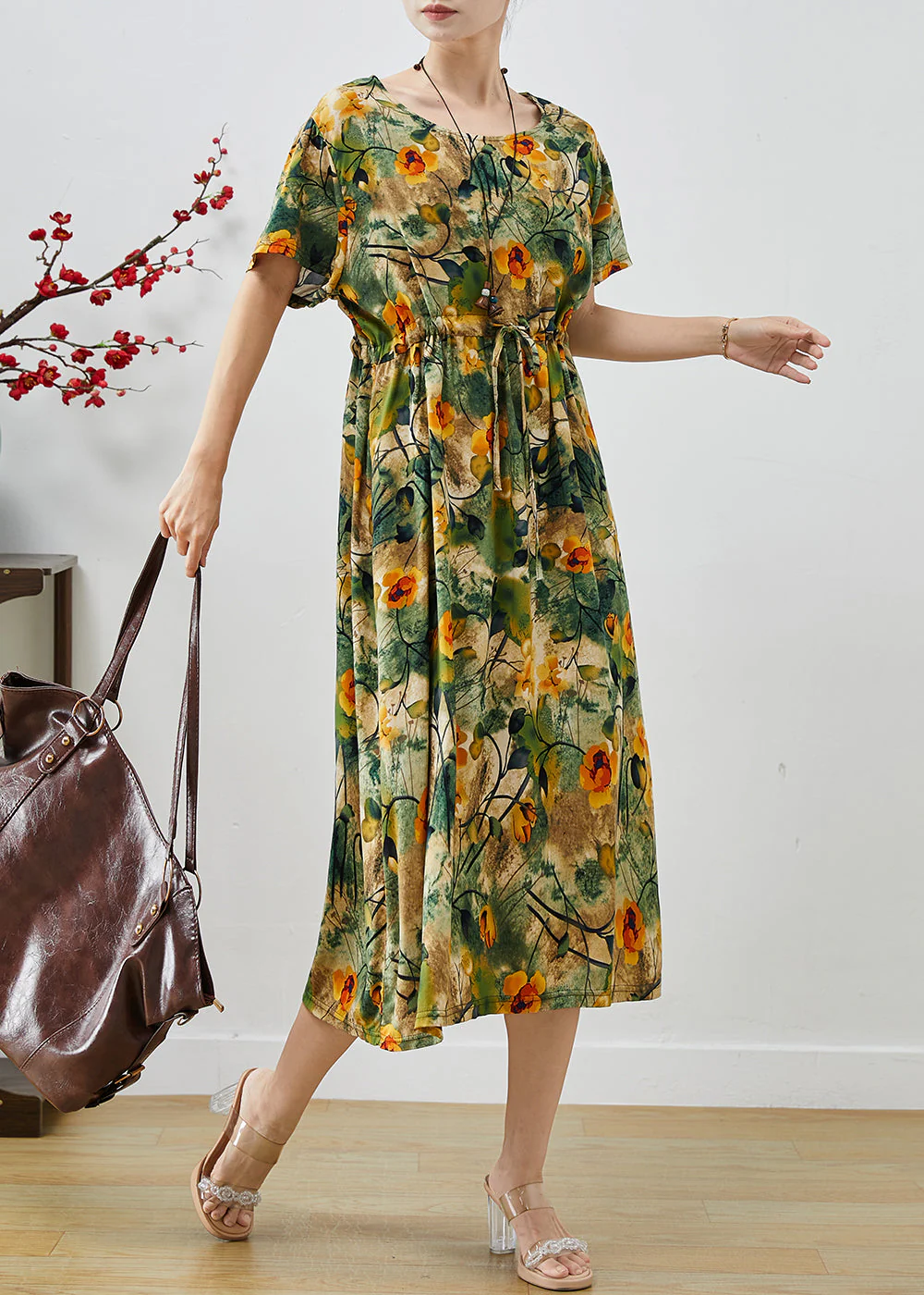 Style Green Cinched Print Cotton Ankle Dress Summer - Image 2