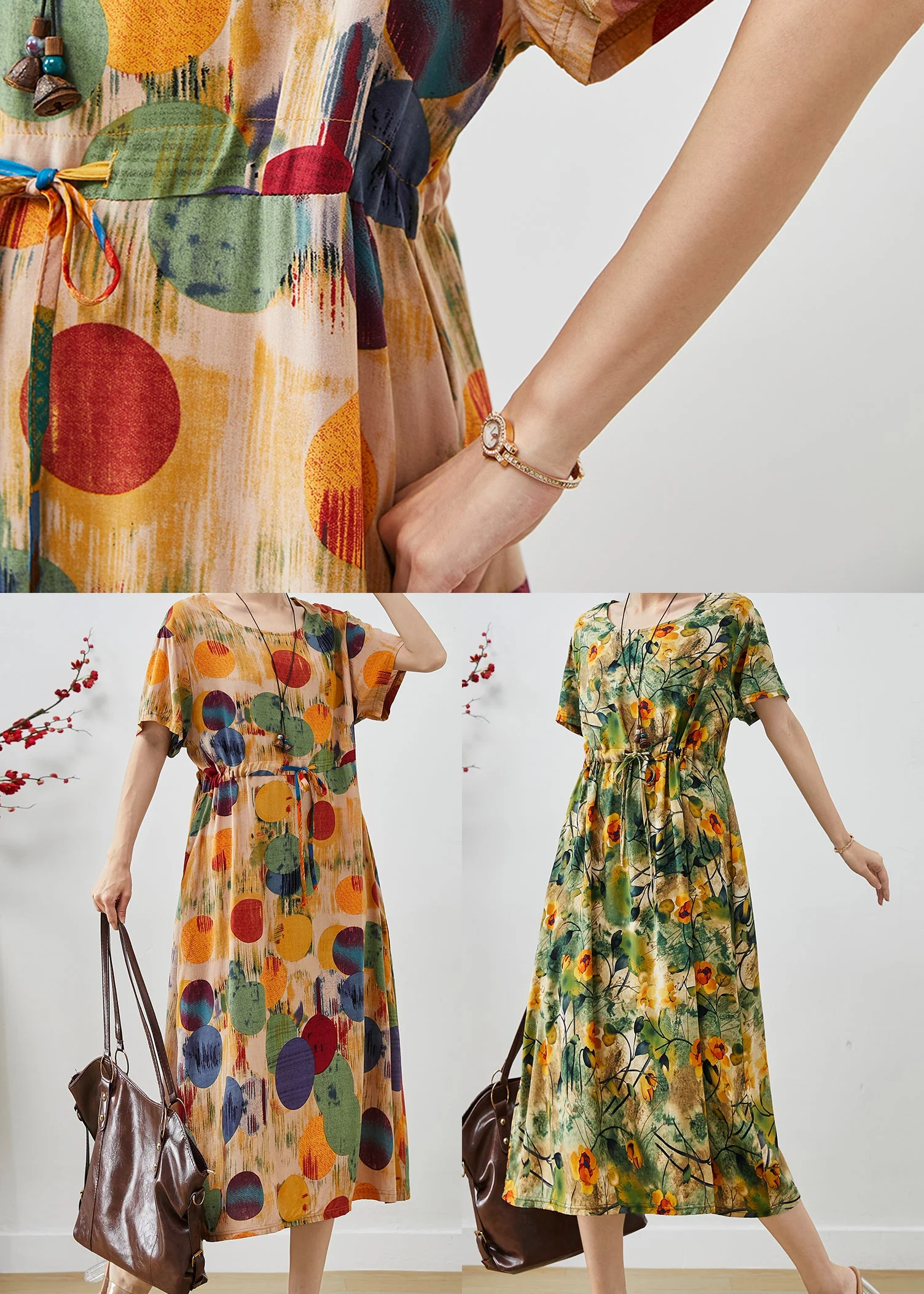 Style Green Cinched Print Cotton Ankle Dress Summer - Image 5