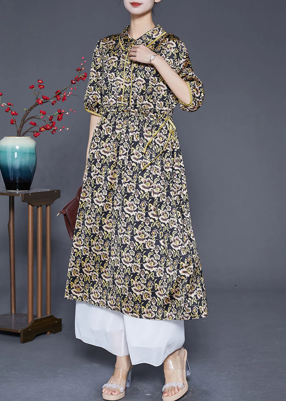 Style Green Cinched Print Silk Maxi Dresses Summer - Image 2
