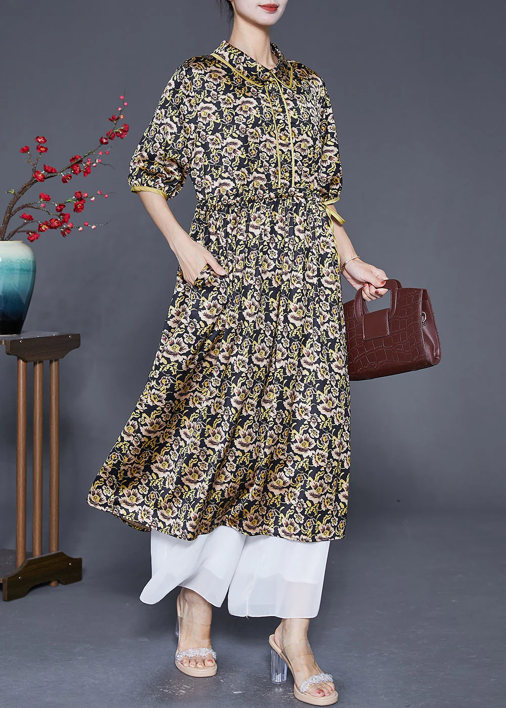 Style Green Cinched Print Silk Maxi Dresses Summer - Image 3