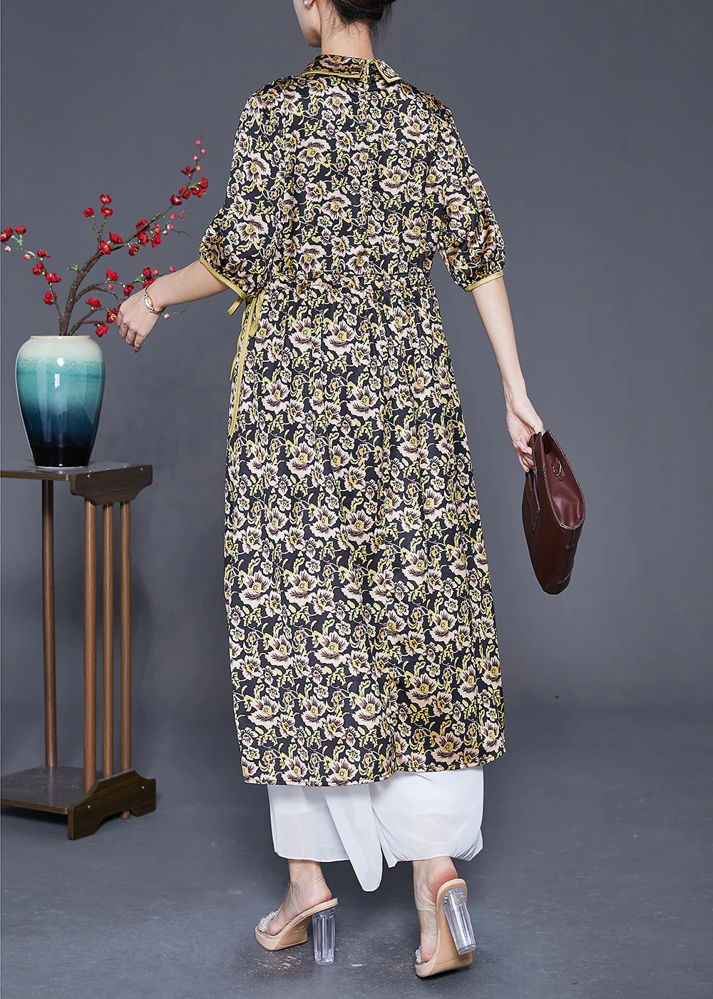 Style Green Cinched Print Silk Maxi Dresses Summer - Image 4