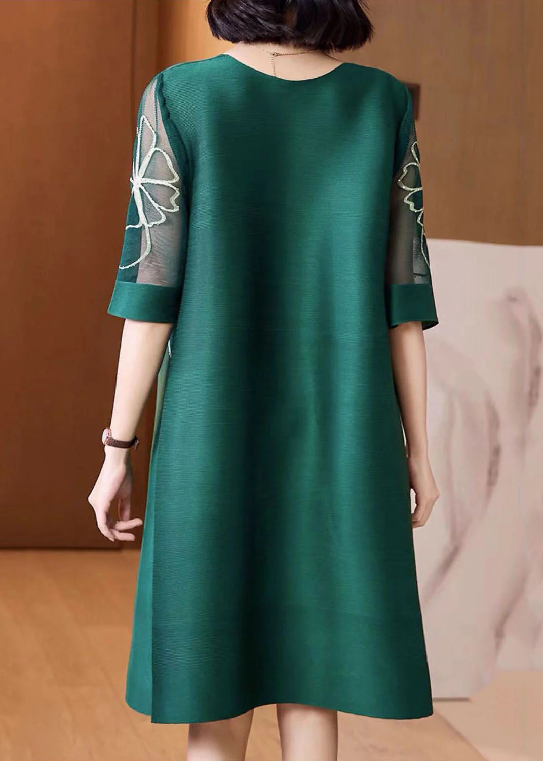 Style Green O-Neck Hollow Out Print Silk A Line Dresses Short Sleeve - Image 4