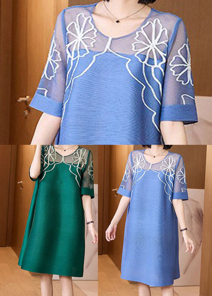 Style Green O-Neck Hollow Out Print Silk A Line Dresses Short Sleeve - Image 5