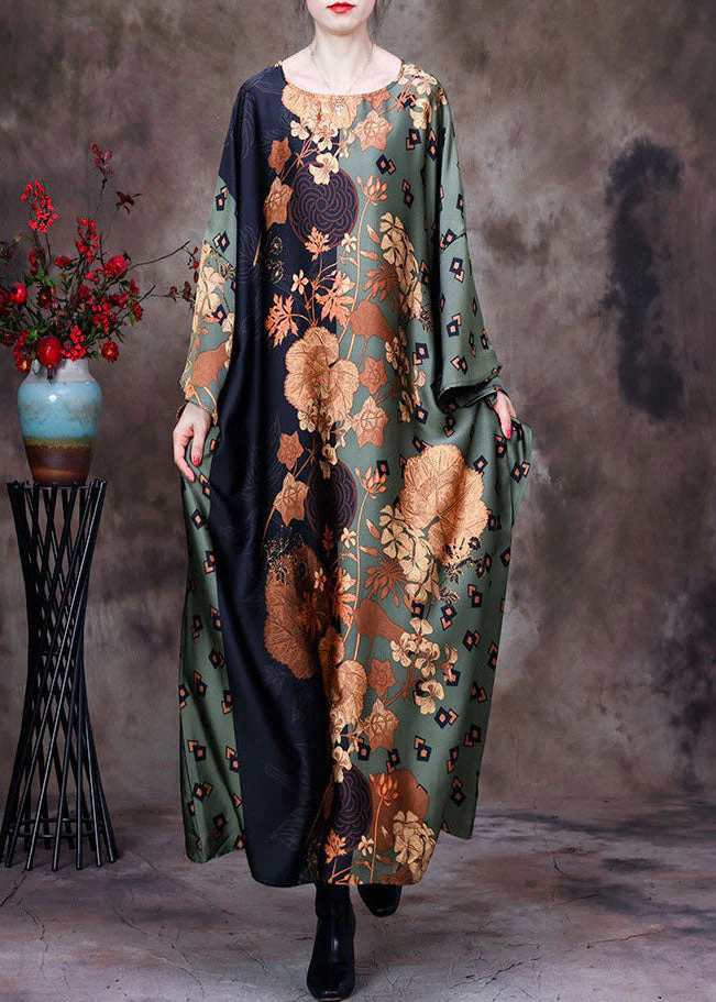 Style Green O-Neck Oversized Print Silk Vacation Dresses Batwing Sleeve - Image 2