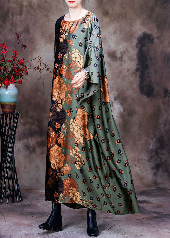 Style Green O-Neck Oversized Print Silk Vacation Dresses Batwing Sleeve - Image 3