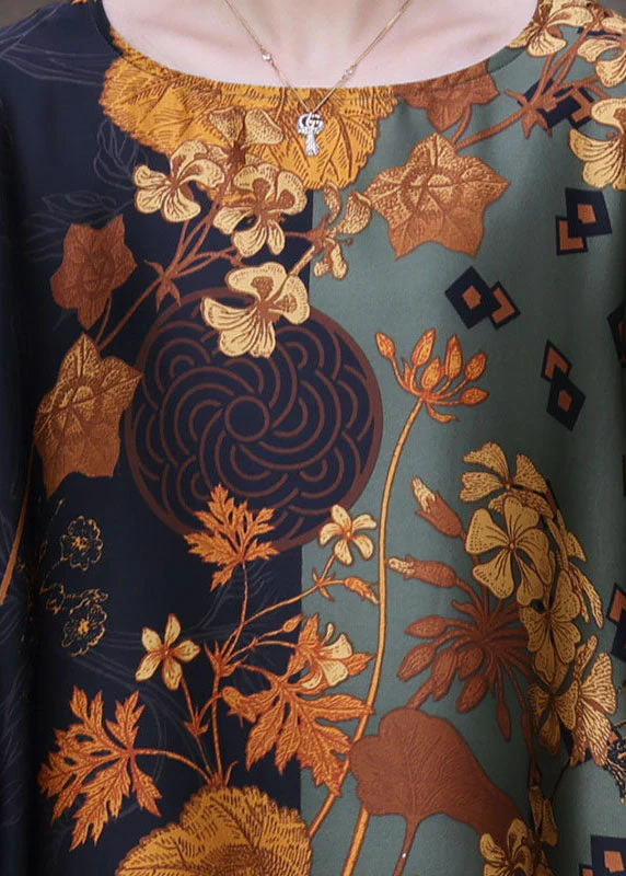 Style Green O-Neck Oversized Print Silk Vacation Dresses Batwing Sleeve - Image 5