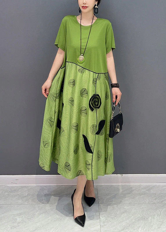 Style Green O-Neck Patchwork Floral Cotton Long Dress Summer - Image 2