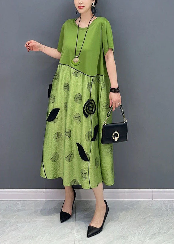 Style Green O-Neck Patchwork Floral Cotton Long Dress Summer - Image 3