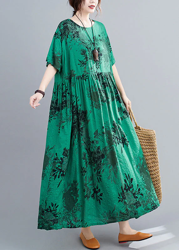 Style Green O-Neck Patchwork Maxi Dress Short Sleeve - Image 2