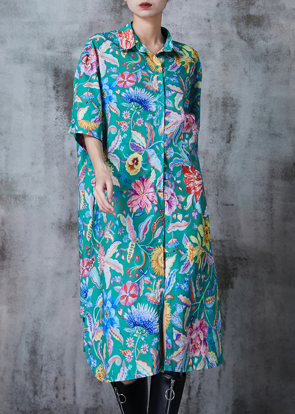 Style Green Oversized Print Chiffon Shirt Dress Summer - Image 2