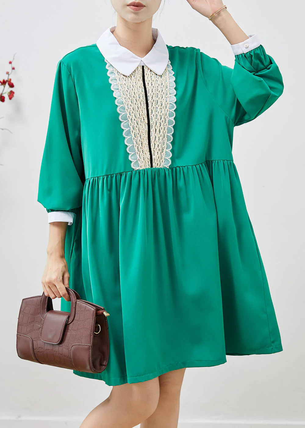 Style Green Peter Pan Collar Patchwork Chiffon Tea Dress Summer - Image 2