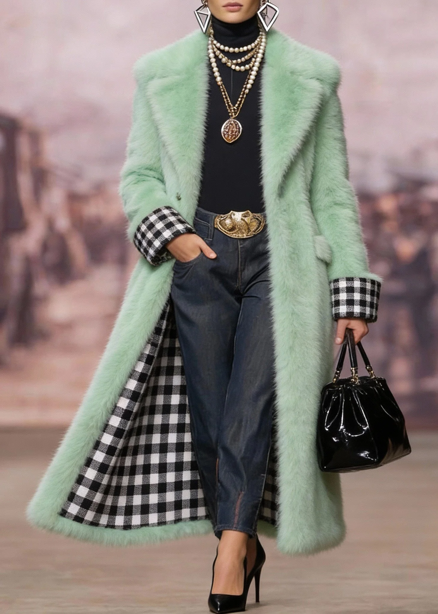 Style Green Peter Pan Collar Pockets Faux Fur Coats Winter - Image 3