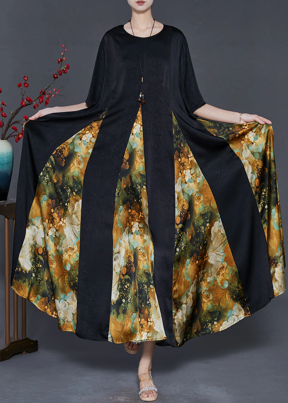 Style Green Print Patchwork Silk Ankle Dress Summer - Image 2