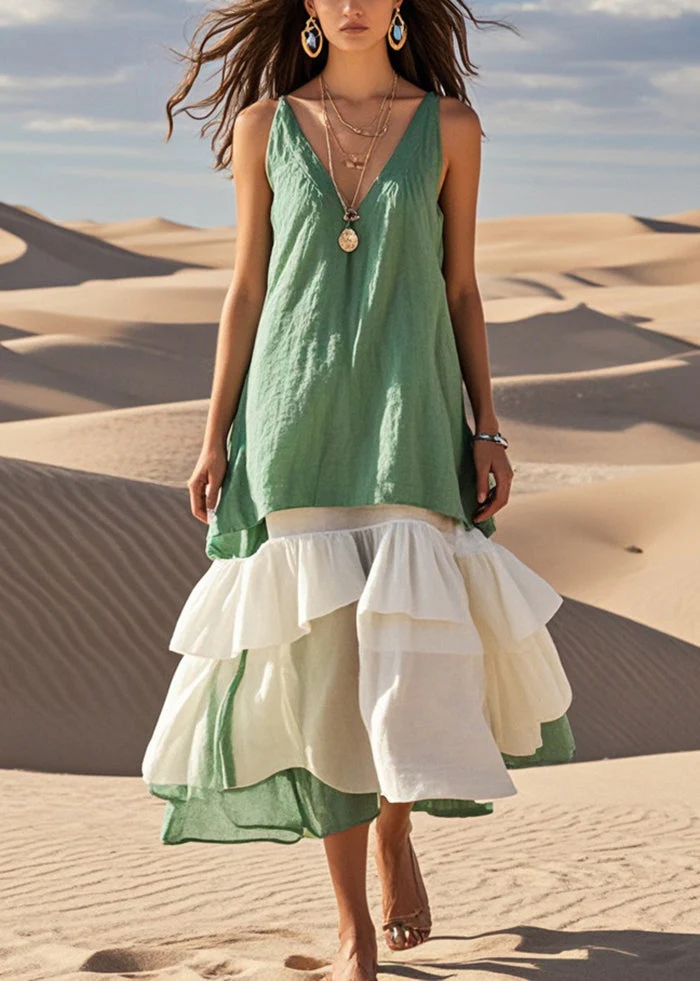 Style Green Ruffled Patchwork Cotton Long Dresses Summer - Image 5
