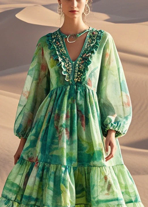 Style Green Ruffled Print Cotton Party Dress Spring - Image 2