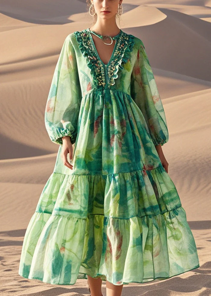 Style Green Ruffled Print Cotton Party Dress Spring - Image 3