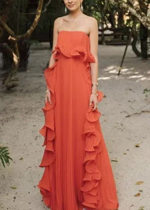 Style Green Ruffled Wrinkled Patchwork Chiffon Strapless Long Dress - Image 3