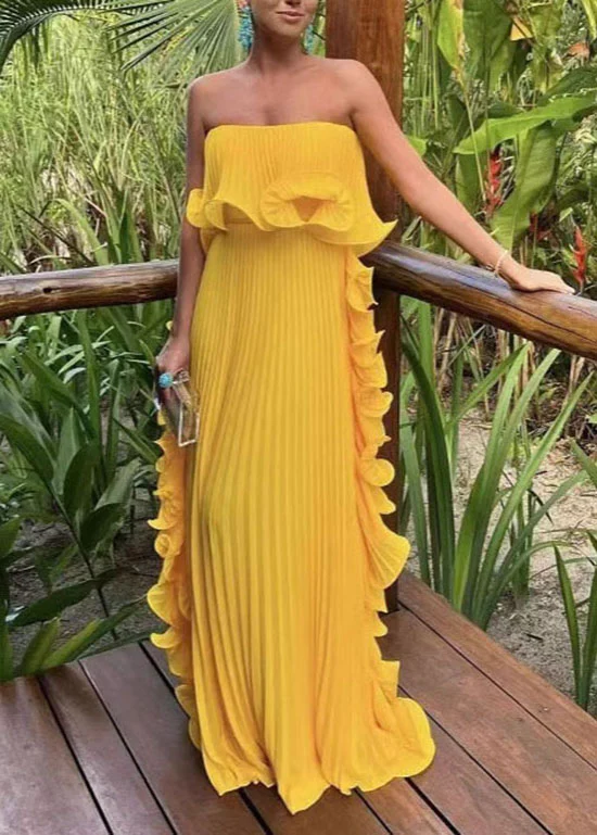 Style Green Ruffled Wrinkled Patchwork Chiffon Strapless Long Dress - Image 5