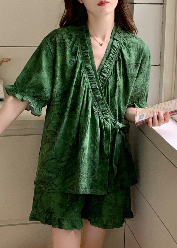 Style Green V Neck Print Pajama Set - Image 2