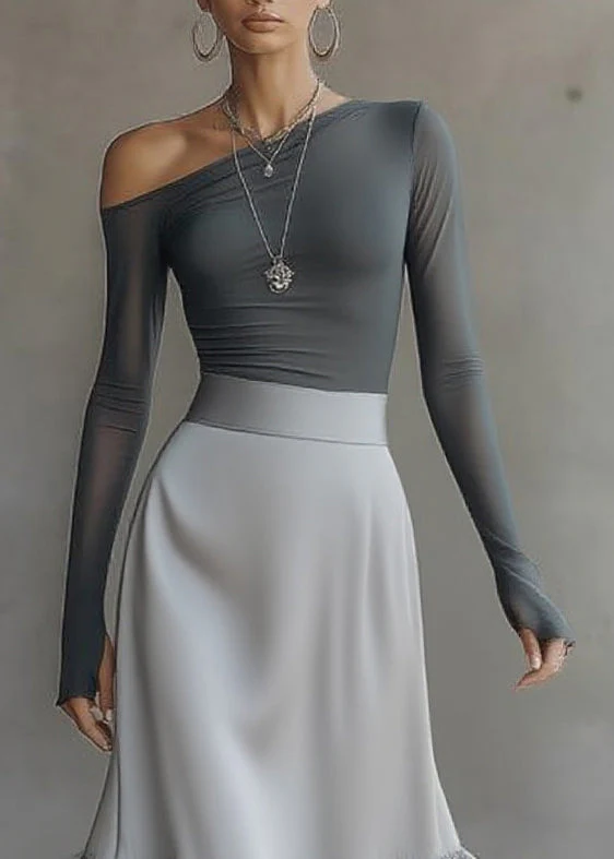 Style Grey Asymmetrical Top And A Line Skirts Two-Piece Set Spring - Image 2